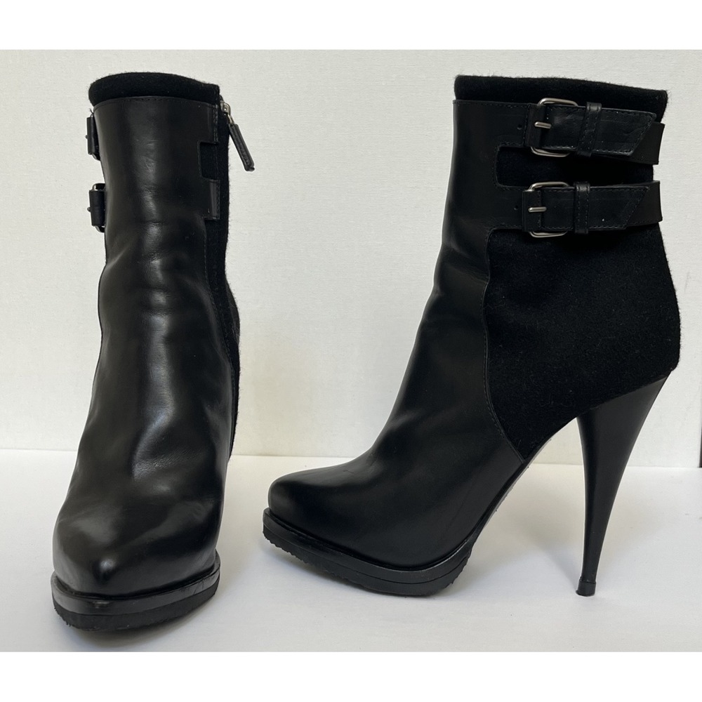 Givenchy Black Leather Felt Wool Buckle Stiletto Ankle Boots 36.5 Zip Italy Heel